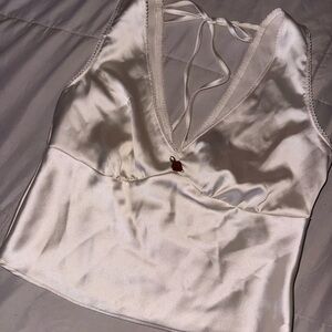 wild fable Ivory Satin V-Neck Lace Trim Cami with Cherry Accent